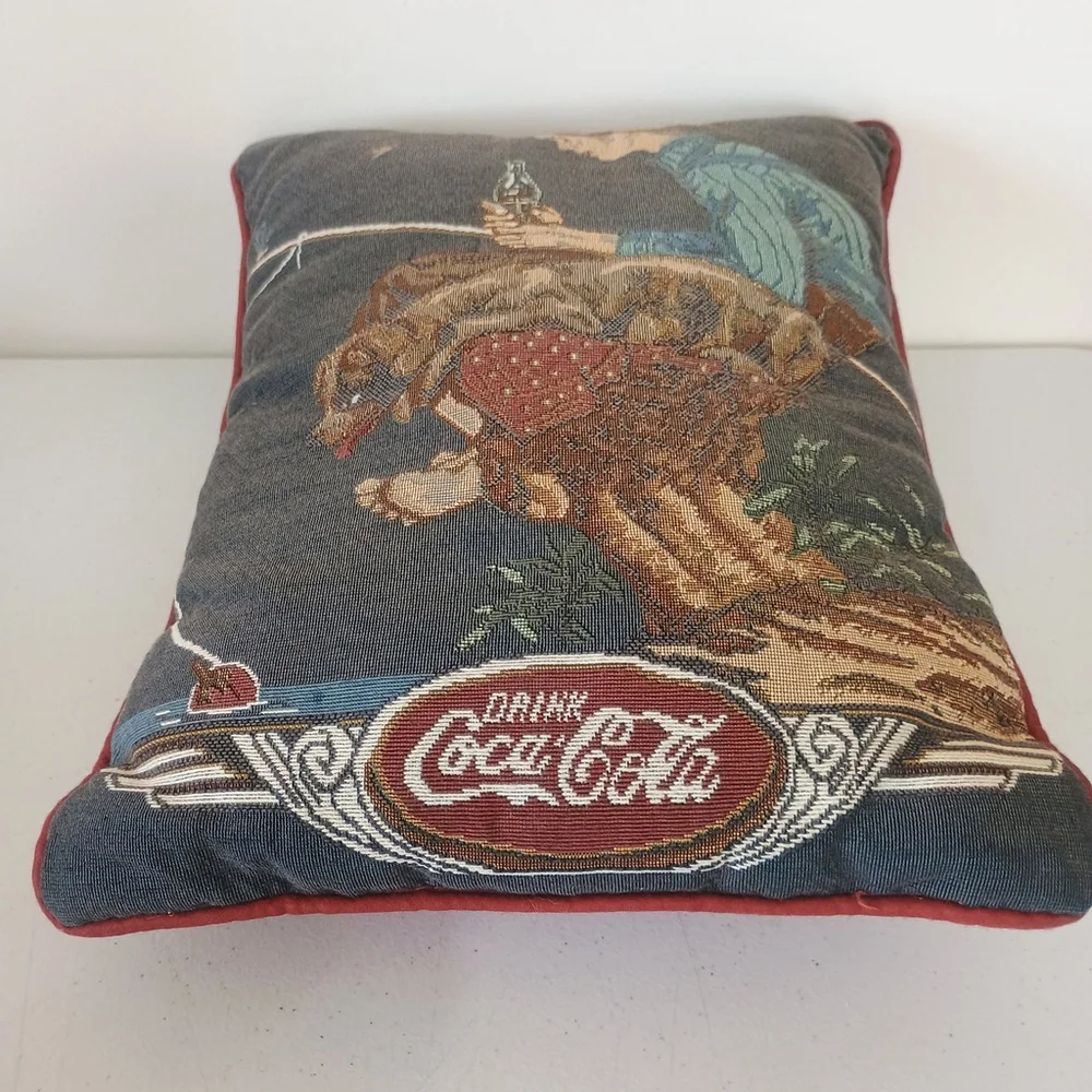Coca Cola Tapestry Throw Pillow Boy & Dog Fishing 12x16